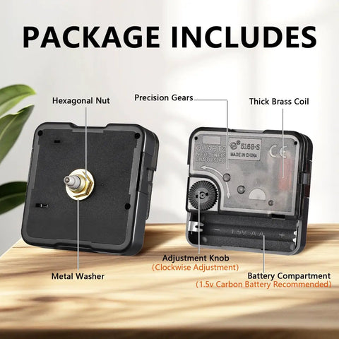 Quartz Clock Movement Replacement For DIY Projects With Quiet Sweep Technology Silent Battery Operated Nifty Wall Clock Mechanism Black Finish Precise Timekeeping And Easy Repair Part For Home Clocks with precision gears, thick brass coil, metal washer, hexagonal nut, and adjustment knob.