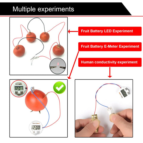 Fruit Battery Science Kit with copper and zinc sheets connecting tomatoes and LED clock for DIY experiments. Human conductivity test shown.