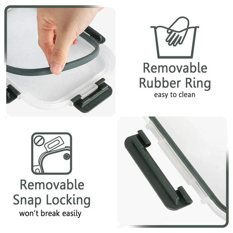 Close-up of Five Pack 36 Oz Glass Meal Prep Containers With Snap Lock Lids, showing removable rubber ring and snap locking mechanism.