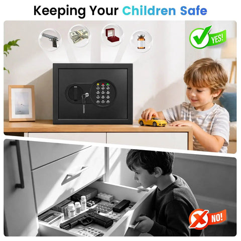 Image showing Compact Home Safe 0.9 Cu Ft with Removable Shelf, Fireproof and Waterproof Bag next to a child, emphasizing safety.