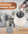 Person holding Stainless Steel Gooseneck Electric Kettle for Pour Over Coffee, Fast 1000W Heating, Auto Shut Off, 27 Fl Oz Milk White
