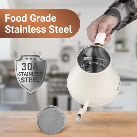 Person holding Stainless Steel Gooseneck Electric Kettle for Pour Over Coffee, Fast 1000W Heating, Auto Shut Off, 27 Fl Oz Milk White