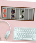 Premium Wooden Shade Keeper Tray Including Seven Gray Fabric Slots Top Tier Jewelry Glasses Watch Organizer with sunglasses.