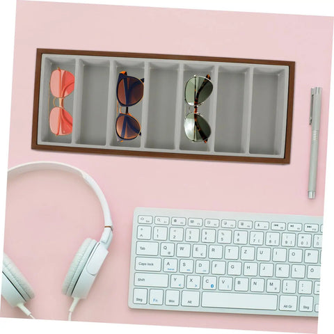 Premium Wooden Shade Keeper Tray Including Seven Gray Fabric Slots Top Tier Jewelry Glasses Watch Organizer with sunglasses.