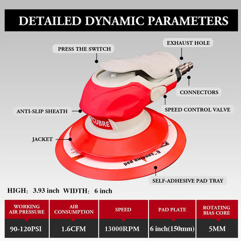 High Speed 5mm Orbit Pneumatic Orbital Sander Pro Grade with labeled ergonomic features and specifications for auto body and woodworking
