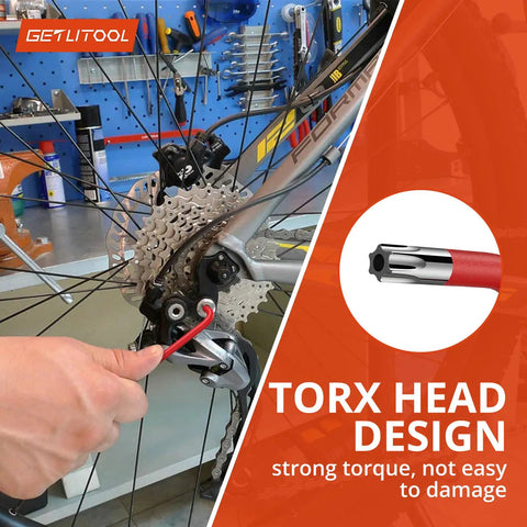 Using Ball End Hex Key Set With Torx Keys 18 Pieces Chrome Vanadium Steel Allen Wrenches on a bicycle gear.