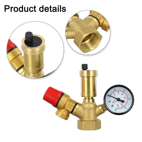 Heavy Duty Boiler Safety Group With Pressure Relief Valve And Auto Air Vent Brass Construction 6 Bar Limit And 10 Bar Gauge For Closed Heating Circuits