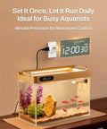Indoor Digital Timer Outlet With 24 Hour Scheduling, Easy To Set Up, shown with aquarium setup, plug in timer display on wall