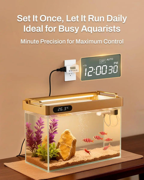 Indoor Digital Timer Outlet With 24 Hour Scheduling, Easy To Set Up, shown with aquarium setup, plug in timer display on wall