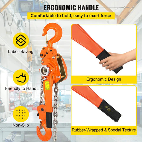 3/4 Ton Lever Chain Hoist With 1650 Lbs Capacity, 10 Ft Chain Come Along, ergonomic handle, heavy duty hooks