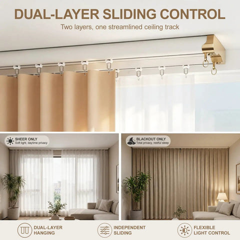 Dual Row Ceiling Mount Curtain Track System For Sheer And Blackout Drapes, Aluminum White Adjustable 9 To 12 Feet, Custom Fit With Easy Install For Home, Hotel, And Hospital Spaces, ceiling-mounted track with curtain layers