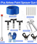 No Fuss Airless Paint Sprayer Kit With 25 Ft Hose And Three Reversible Tips, two extension rods and spray gun filters.