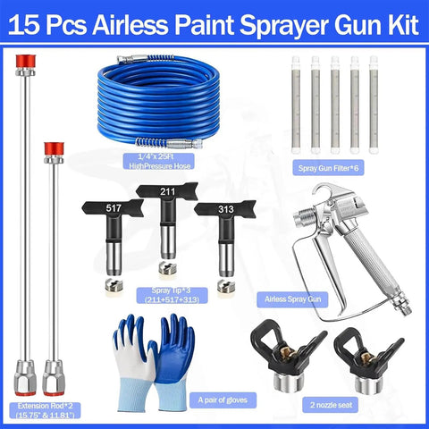No Fuss Airless Paint Sprayer Kit With 25 Ft Hose And Three Reversible Tips, two extension rods and spray gun filters.