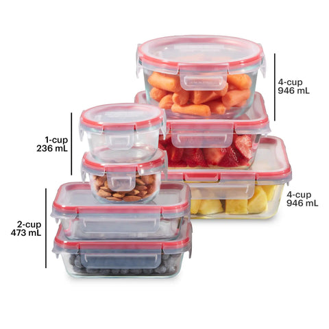 Freshlock 14 Piece Glass Food Storage Containers Set With Airtight Locking Lids BPA Free Leakproof Microwave Safe Freezer Safe shown stacked