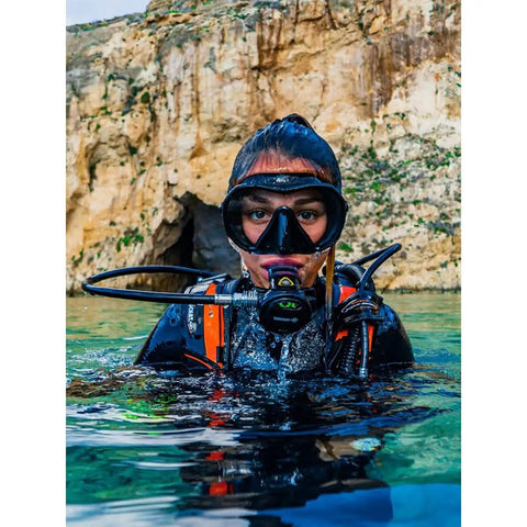 Diver wearing Maxlux S Mask For Snorkeling Scuba Diving Freediving And Swimming With Panoramic Vision Lightweight Flexible Skirt