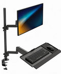 Slick Sit Stand Monitor Arm With Keyboard Tray For Up To 32 Inch Displays, Black gas spring mount with keyboard and mouse tray.