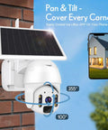 Solar Security Cam Outdoor Pan Tilt PTZ 1080P Color Night Vision With Rechargeable Battery and PIR Radar on brick wall