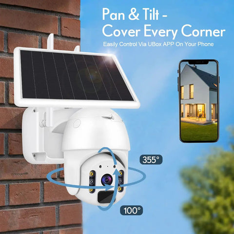 Solar Security Cam Outdoor Pan Tilt PTZ 1080P Color Night Vision With Rechargeable Battery and PIR Radar on brick wall