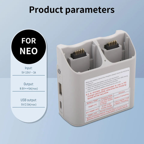 Front view of Two Way Charger With Storage For Neo Battery, 45W Rapid Dual Charging Hub, showing ports and product parameters.