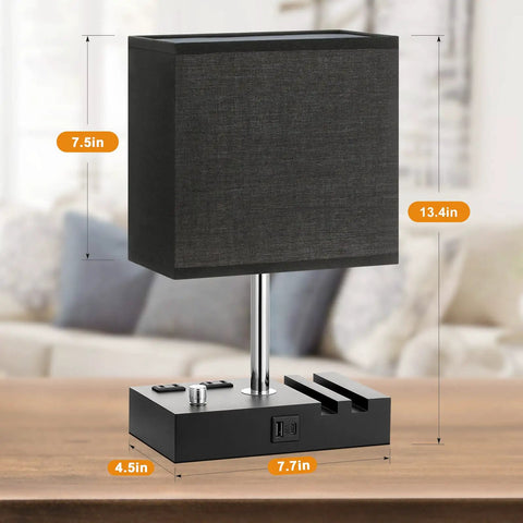 Fully Dimmable Bedside Lamps With USB C Ports And Two Outlets, Set Of 2 Wooden Desk Lamps With Phone Stand And Bulbs Included, squared design on table.