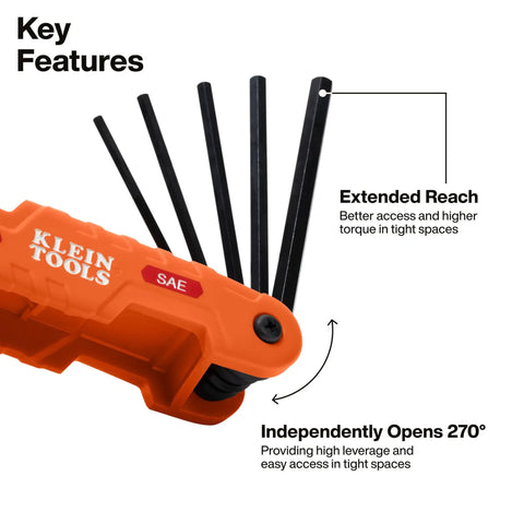 Heavy Duty Folding Hex Key Set With Extra Long Allen Wrenches 11 SAE Sizes From One Half Inch To One Eighth Inch High Leverage Blades Open Up To 270 Degrees For Pro Builders And DIY Enthusiasts displayed with extended reach