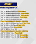 Vehicle compatibility list for Front Wheel Bearing And Hub Assembly Fits Cadillac Escalade ESV EXT AWD Chevy Avalanche Silverado Suburban 1500 Tahoe 4WD 6 Lug With ABS Bulletproof Replacement showing compatible models and years.