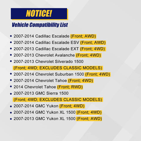Vehicle compatibility list for Front Wheel Bearing And Hub Assembly Fits Cadillac Escalade ESV EXT AWD Chevy Avalanche Silverado Suburban 1500 Tahoe 4WD 6 Lug With ABS Bulletproof Replacement showing compatible models and years.