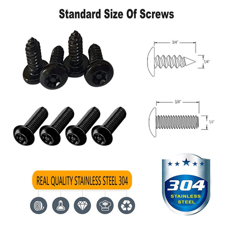 Anti Theft Stainless Steel License Plate Screws Set With Matte Caps And Locking Bolts For Front And Rear Car Tag Mounts Rustproof 304 Stainless M6 One Quarter Inch Includes Nuts Inserts And Rattle Proof Pads product image showing screw dimensions and quality badge