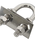 Front view of stainless steel bow eye U-bolt with mounting plate, washers and nuts