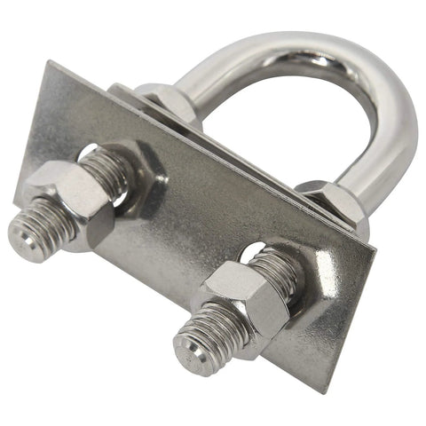 Front view of stainless steel bow eye U-bolt with mounting plate, washers and nuts