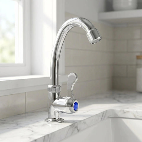 Vertical Kitchen Sink Faucet, Plastic Small Countertop Tap with 2cm Base, chrome finish on marble countertop in bright kitchen.