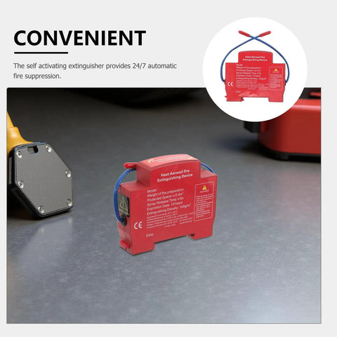 Slick Automatic Aerosol Fire Extinguisher With Smart Sensor Detection strong adhesive backing compact design ready for cars trucks boats.