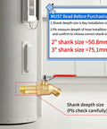 Heavy Duty Full Port Water Heater Drain Valve Three Quarter Inch NPT Inlet To Three Quarter Inch GHT Outlet Lead Free Brass High Flow Tank Drain Valve With Three Inch Shank And 180 Degree Handle installed on water heater with shank depth details