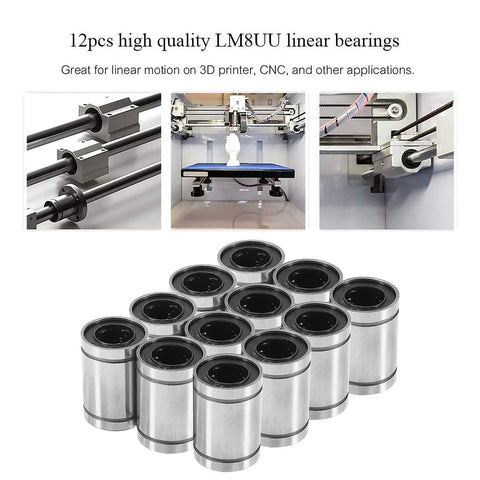 12 LM8UU linear ball bearings 8mm bore, double-sided rubber seals for CNC machines and 3D printers with motion images