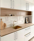 Modern kitchen with 10 Pack Brushed Satin Nickel Cabinet Pulls 7.5 Inch Kitchen Drawer Handles on white cabinets, wood counter