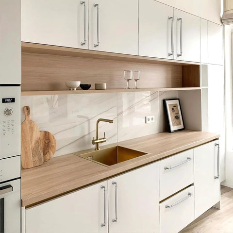Modern kitchen with 10 Pack Brushed Satin Nickel Cabinet Pulls 7.5 Inch Kitchen Drawer Handles on white cabinets, wood counter