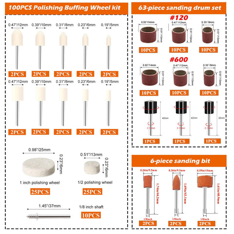 185 Piece Wool Felt Polishing Kit With Sanding Drum For One Eighth Inch Shank Rotary Tools Includes Buffing Wheels