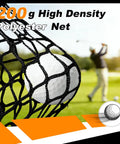 Close-up of high density polyester net catching a golf ball, with golfer swinging in the background, part of Backyard Golf Hitting Net 10x7 Feet With Silent Velvet Target Portable Practice Net For Men Dad Golfers And Lovers Durable Impact Resistant Fiberglass Frame Easy Setup For Backyard Driving And Swing Training Gift.