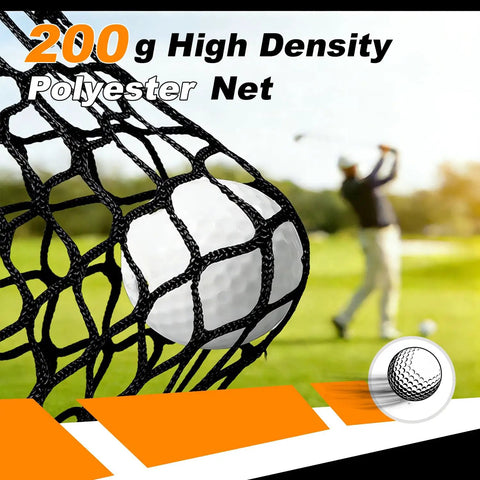 Close-up of high density polyester net catching a golf ball, with golfer swinging in the background, part of Backyard Golf Hitting Net 10x7 Feet With Silent Velvet Target Portable Practice Net For Men Dad Golfers And Lovers Durable Impact Resistant Fiberglass Frame Easy Setup For Backyard Driving And Swing Training Gift.