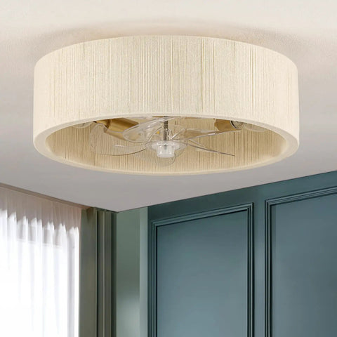 Jughtbo Boho Caged Fandelier Ceiling Fans with Lights and Remote Control, flush mount ceiling fan with natural fabric shade.