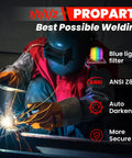 Welder using 2 By 4.25 Inch Auto Darkening Welding Lens With Shade 5 To 13 Adjustable, Gold Tint, illustrated features on image
