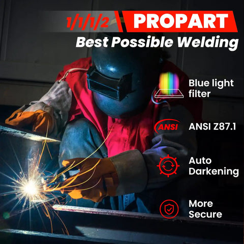 Welder using 2 By 4.25 Inch Auto Darkening Welding Lens With Shade 5 To 13 Adjustable, Gold Tint, illustrated features on image