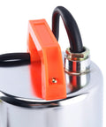 Top Shelf 12 Volt Dc Solar Water Pump Built Like A Tank For Farm And Ranch Jobs Featuring 26 Feet Of Lift Power Plus 100 Liters Per Minute Flow Through 1 Inch Outlet Stainless Steel submersible pump close-up with orange handle.