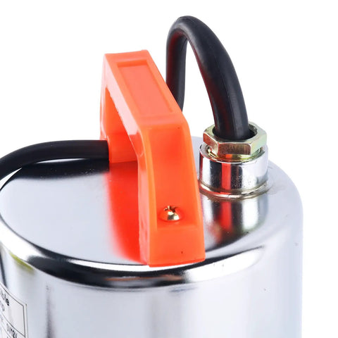Top Shelf 12 Volt Dc Solar Water Pump Built Like A Tank For Farm And Ranch Jobs Featuring 26 Feet Of Lift Power Plus 100 Liters Per Minute Flow Through 1 Inch Outlet Stainless Steel submersible pump close-up with orange handle.