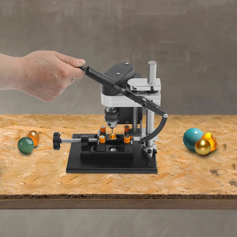 Hand using Mini Drill Press For Jewelry Making And PCB Projects Dope Precision Benchtop Drilling Machine with 0-8000 RPM on wood