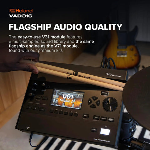 Close-up of V31 module with drumsticks, part of V Drums Acoustic Design 5 Piece Kit With 3 Series Build And V31 Module
