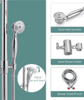 Dual Function Exposed Pipe Shower System With 8 Inch Round Rainfall Head, Brass Fixture, Two Handles, Adjustable Bar, And Polished Chrome Finish showing handheld sprinkler, holder, and hose details.