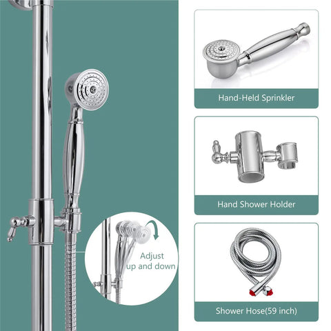 Dual Function Exposed Pipe Shower System With 8 Inch Round Rainfall Head, Brass Fixture, Two Handles, Adjustable Bar, And Polished Chrome Finish showing handheld sprinkler, holder, and hose details.