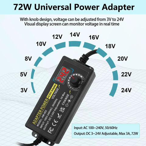 Dope Adjustable 3V To 24V DC Power Supply 3A 72W Universal AC DC Adapter with voltage display and knob for electronics projects