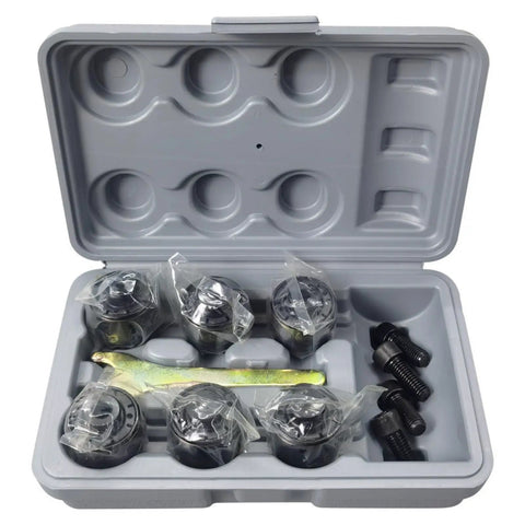 Set of taps and accessories for Universal 360 Degree Pneumatic Tapping Machine With Flexible Arm For M3 To M12 Threading in a carrying case.